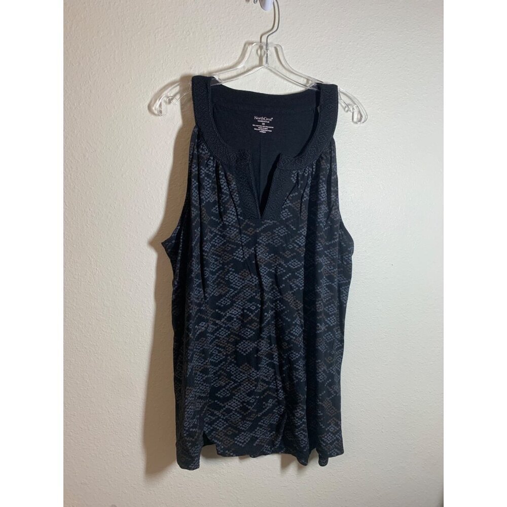 NorthCrest Embroidered Tribal Print Casual Tank Top Women's Plus Sz 3X Black AD6
